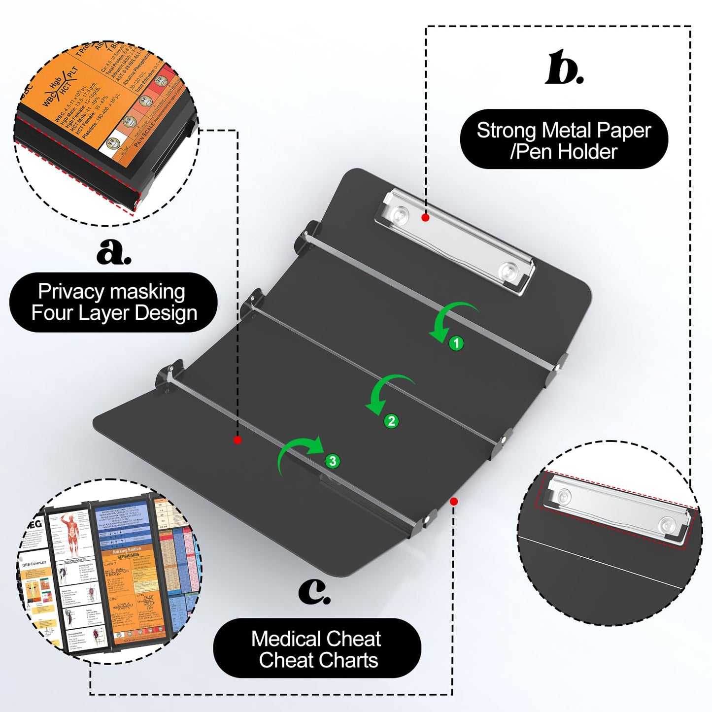 Nursing Clipboard Foldable-4 Layers Aluminum Nurse Foldable Clipboard Nursing Medical Edition Cheat Sheets, Pocket Size Pen Clip for Nurses Students School and Doctors-Black