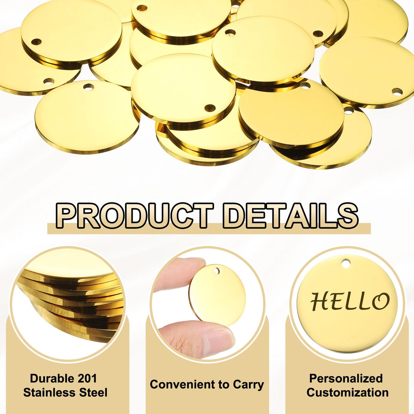 HARFINGTON 20 Pcs Round Blank Stamping Tag 59mm Stainless Steel Circle Polished Blanks Tag Pendants with Hole for Bracelet Crafts Labeling Making, Gold