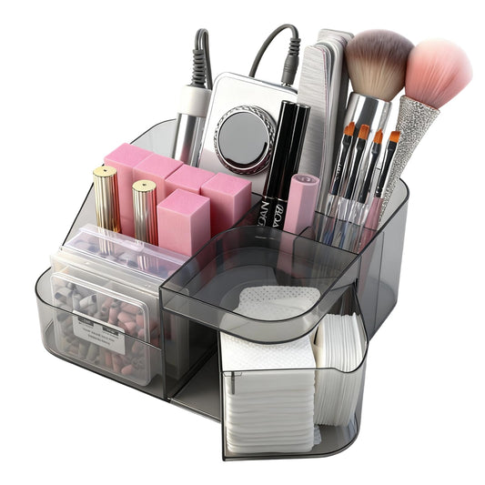 BQAN Transparent Acrylic Nail Desk Organizer with Spinning Drawer, Drill & Brush Holder, Desktop Manicure Tool Storage for Nail Techs, Makeup, Skin Care (Black) - Professional Salon or Home Use