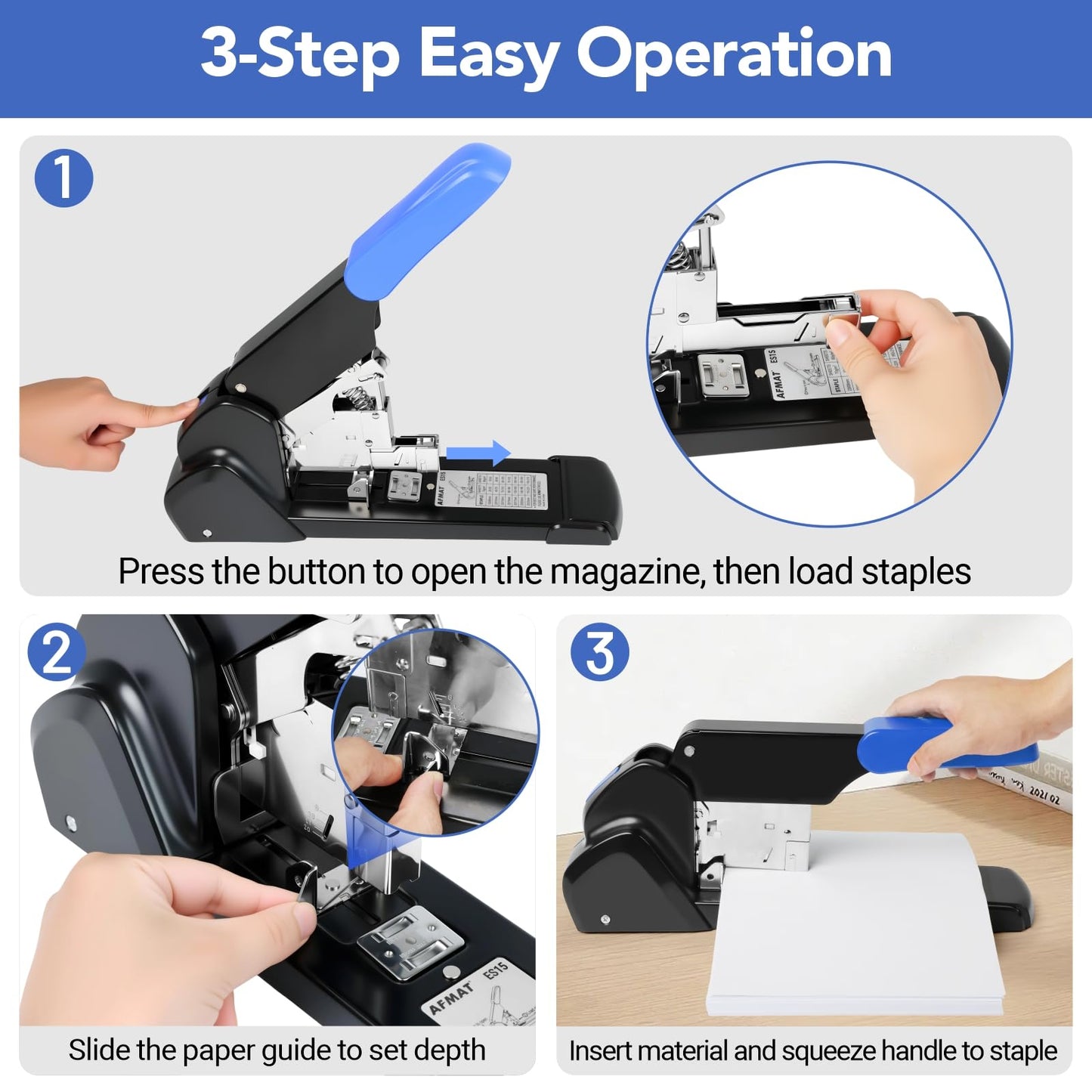 AFMAT Heavy Duty Stapler, 220 Sheets Capacity Stapler for Classroom, 60% Reduced Effort, Jam Free, Adjustable Paper Depth, Metal Desk Office Staplers w/ 50,000+ Uses, Includes 7000Pcs Staples, ES15