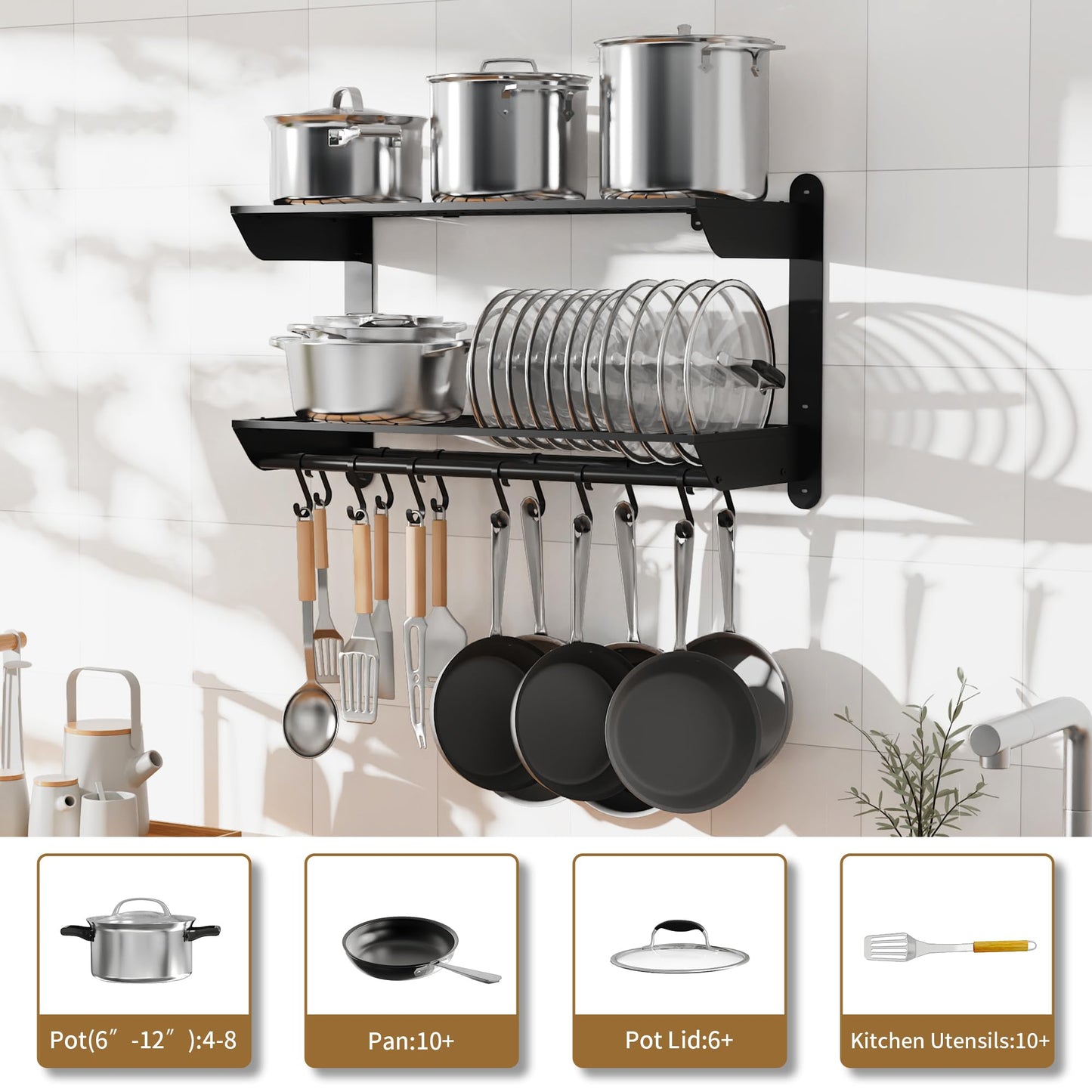 YIGII Pot and Pan Organizer with 12 Anti-Drop Hooks, 2 Tier Heavy Duty Pot Rack Wall Mounted, Kitchen Cookware Utensils Hanger Organizers and Storage