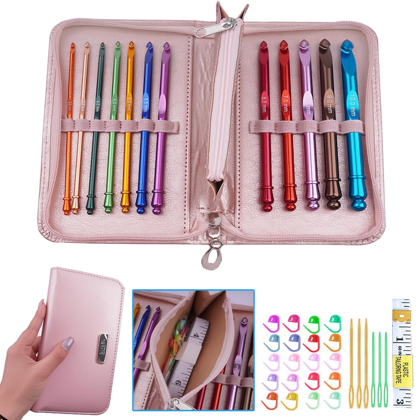 Mdoker Latest Inline Crochet Hook Set with Case Aluminum Ergonomic Crochet Hooks,Non-Slip Hooks for Arthritic Hands,Nice Gift for Women,3mm-10mm