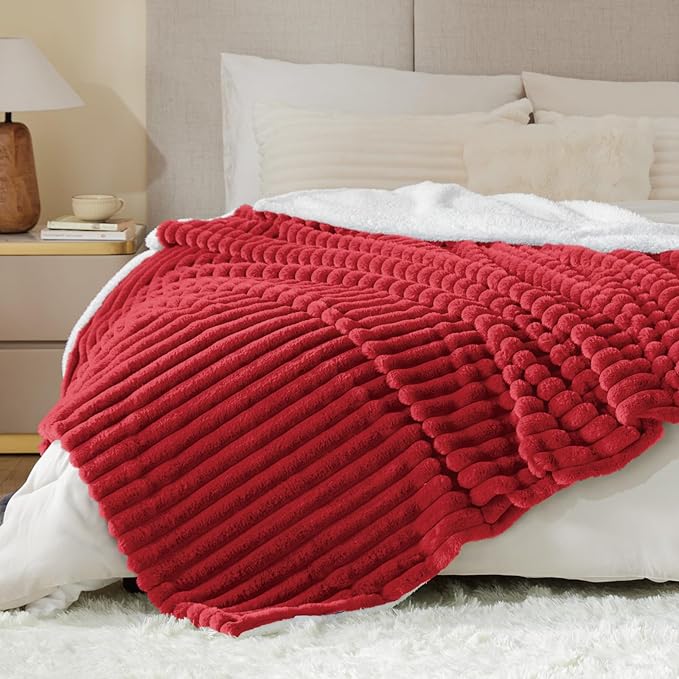 INFIIXSO Sherpa Throw Blanket for Couch - Super Soft & Warm Striped Fleece Blanket, Cozy Plush Fluffy Blanket All Season Use (Red, 60x80 Inches)