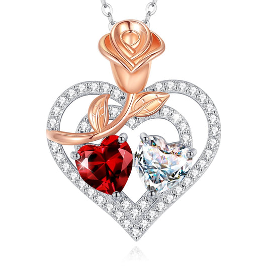 AGVANA January April Birthstone Jewelry Garnet CZ Necklace Sterling Silver Rose Flower Heart Double Birthstone Pendant Necklace Anniversary Birthday Gifts for Women Mom Wife Lady Her