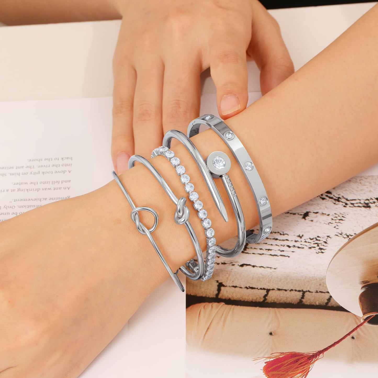 FAFUGA 18 K Silver Plated Love Bangle Bracelet Stack Cuff Jewelry for Women Jewelry Set for Women Gift with Box (style11)