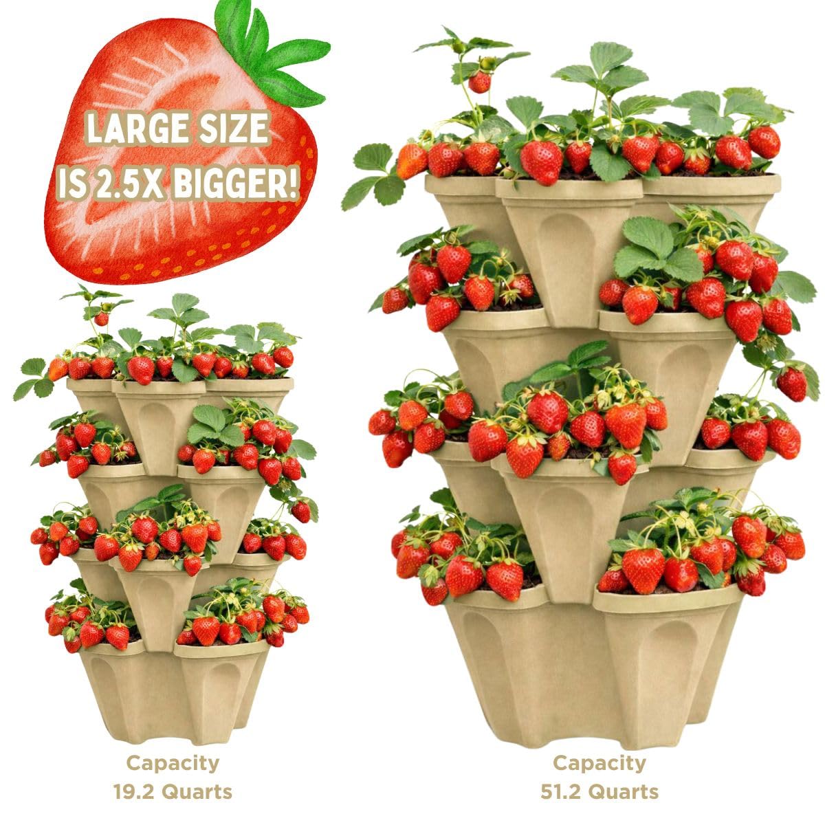 smart spring Large Vertical Planter Tower, 4 Tier Stackable Garden Planter, 28 Plant Sites, Heavy Duty Strawberry Planter, Vertical Growing System with Center Hole, Made in USA (Desert Sand)