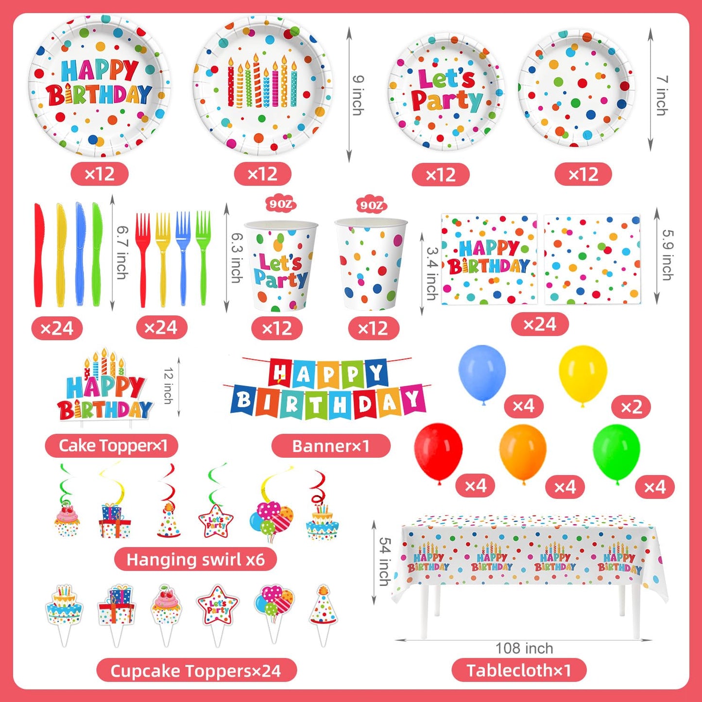 195 Pcs Birthday Party Supplies (Serves 24), Happy Birthday Party Dots Design Decorations Include Banner Hanging Plates Napkins Cups Forks Knifes Tablecloth Topper Balloons for Decorations