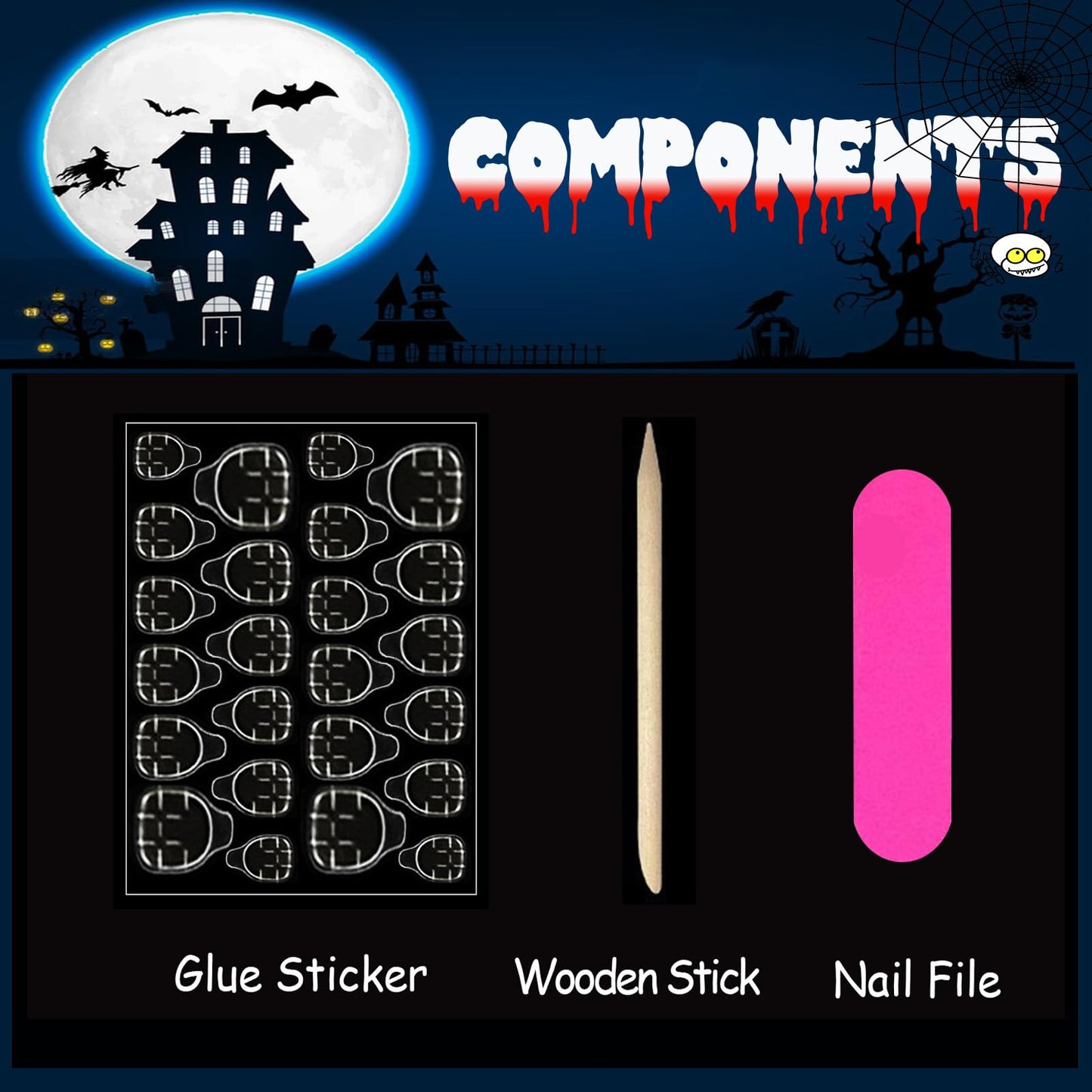 Halloween Press on Nails Long Coffin Fake Nails Scary Blood Glue on Nails Spider Web Glossy Stick on Nails Square Artificial Acrylic Nails for Women Girls Manicure 24 Pcs
