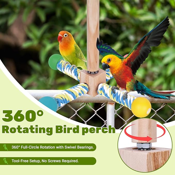 ZAULEY Bird Perch Toy, Parrot 360° Interactive Rotating Toy for Parakeets - Natural Wood & Cotton Rope, Detachable Interactive Bird Toy, Chewable Design Reduces Boredom Anxiety for Small Birds