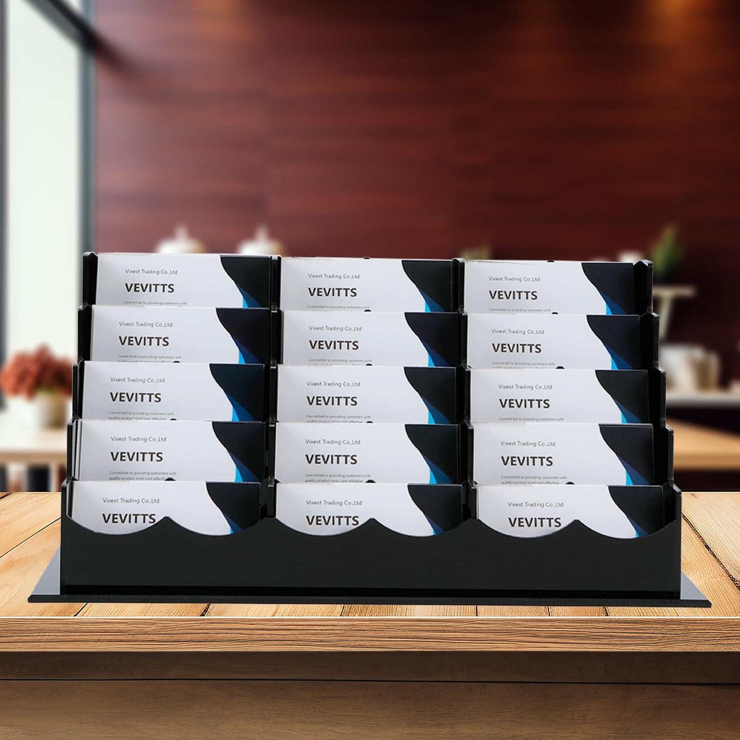 Vevitts Business Acrylic Card Holder Display for Desk, 15 Slots 5 Tiers Multiple-Black Acrylic Business Card Stand Set, Holds Approximately 750 Cards