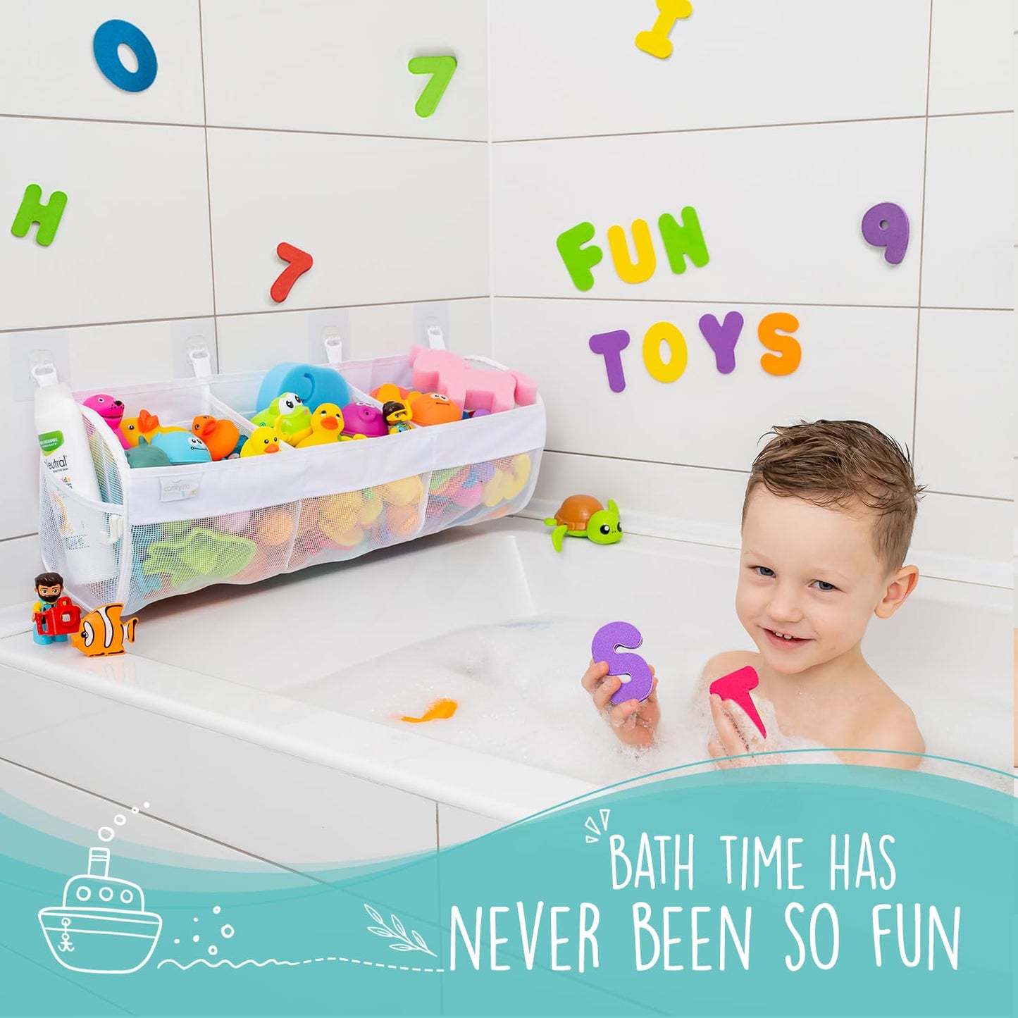 Comfylife Large Bath Toy Organizer with Letters and Numbers – 3 Compartment Bath Toy Holder for Bathtub & Shower – Quick-Dry Mesh with 4 Strong Adhesive Hooks