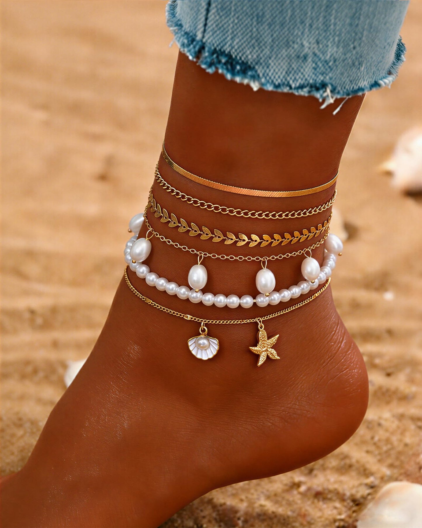 FAXHION Gold Ankle Bracelets for Women Waterproof, Shell Pearl Bead Cuban Link Chain Adjustable Anklets Set, Hawaiian Boho Anklet Beach Jewelry Gift for Women