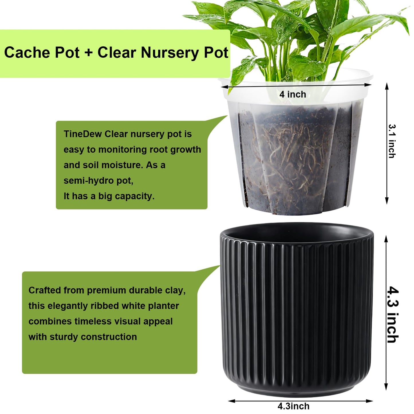 TineDew 2 Pack of 4in Ceramic Cachepot with 4 inch Clear nusery Pot - self Watering Indoor Planter with Drainage for Root Visibility,semi Hydro pots for repotting Succulent,Black