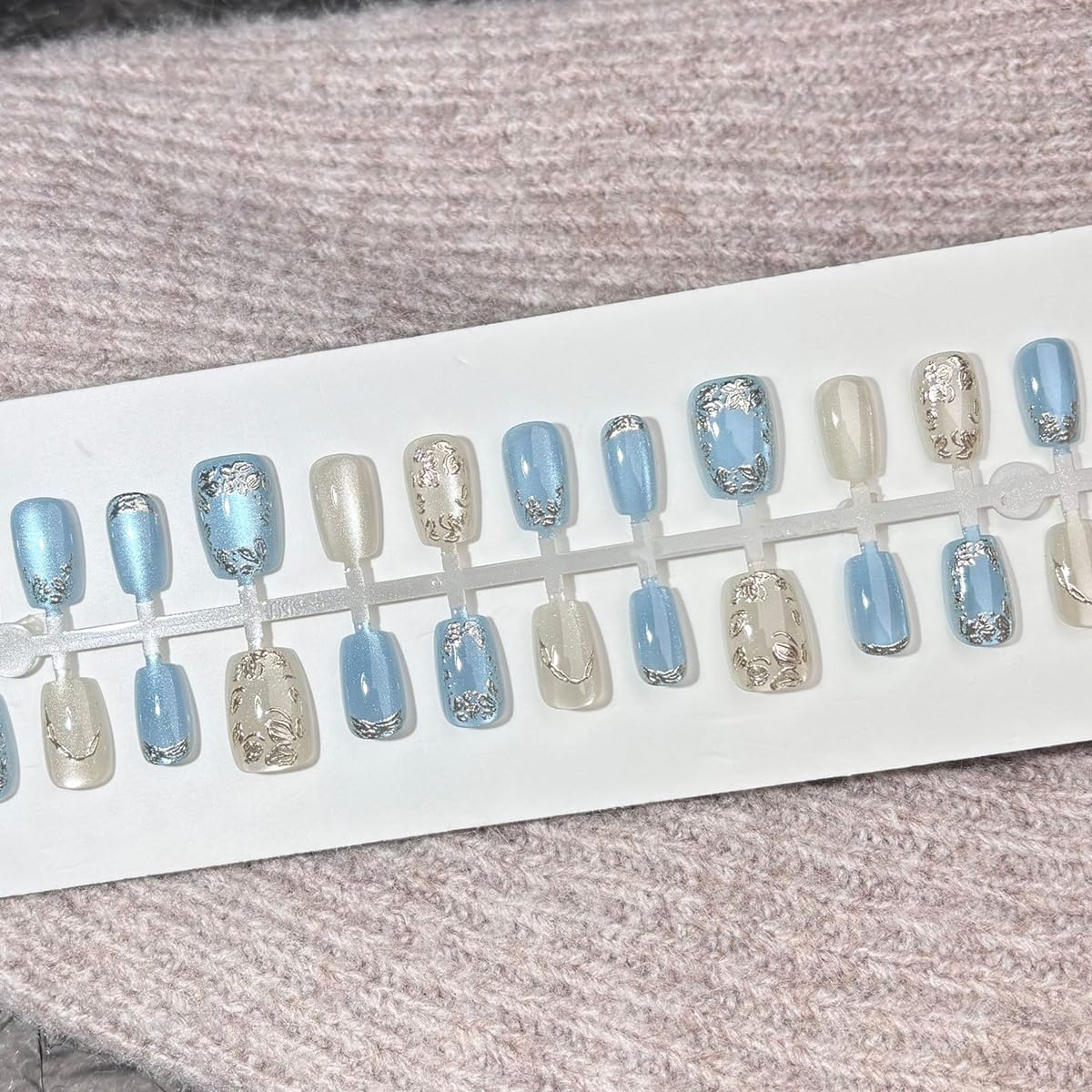 Square Press on Nails Short Fake Nails with 3D Gold Silvery Flowers Design Glitter Blue French False Nails Glossy Acrylic Glue on Nails Full Cover Spring Floral Stick on Nails for Women 30Pcs