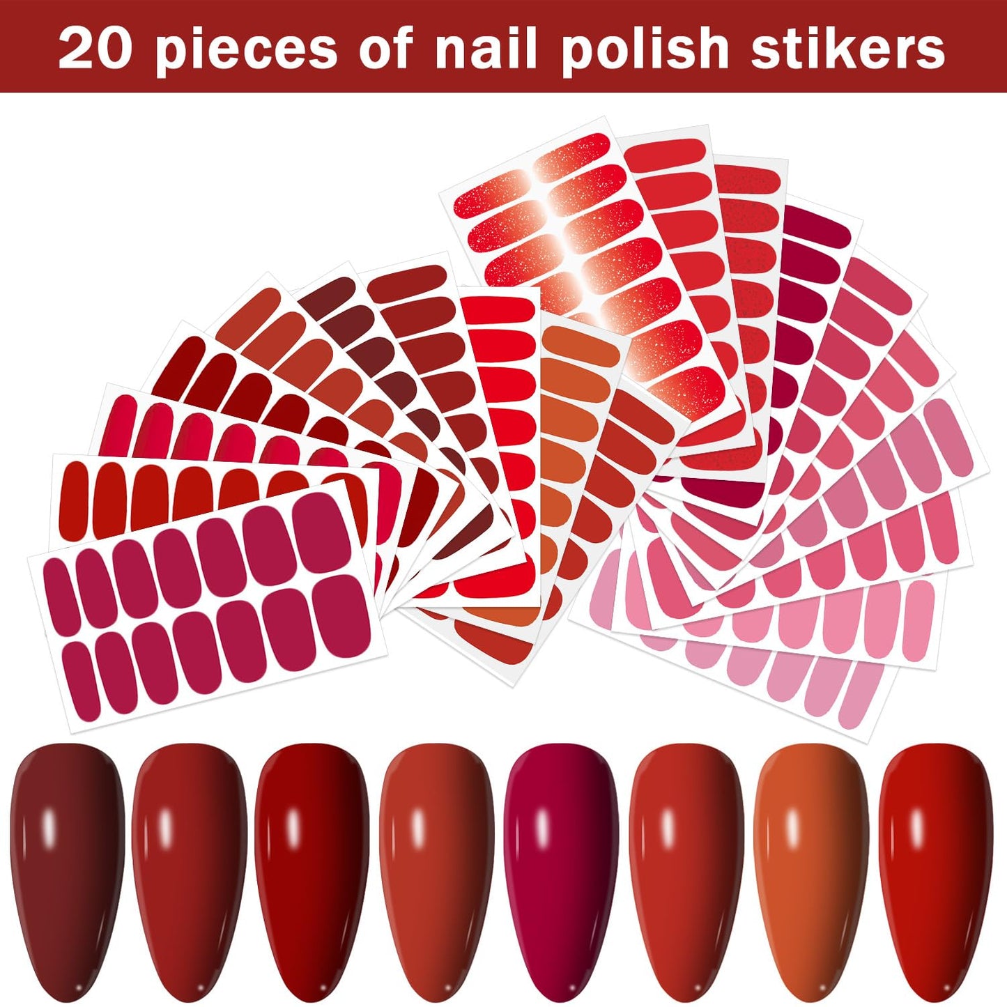 YECIRALA 20 Sheets 280 Pcs Red Nail Stickers Full Nail Wraps，Solid Nail Polish Strips for Women Girls Solid Nail Polish Stickers Stick On Nails Self Adhesive Gel Strips Press On Nails