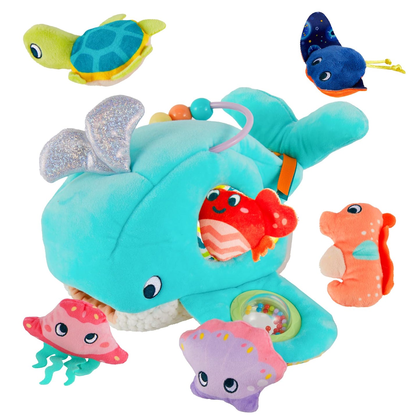 Juivin Soft Rattle Montessori Baby Toys 6-12 Months, Soft Barn Ocean Playhouse with 6 Stuffed Animals, Sensory Development Activity, Toddler Learning Toys (Ocean Whale)