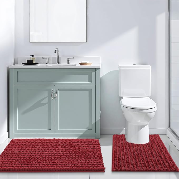 Arotive Luxury Chenille Bathroom Rug Mat, Extra Soft Thick Absorbent Shaggy Bath Rugs, Non-Slip Machine Wash Dry, Plush Bath Mats for Bathroom, Shower and Tub, 44x24, Red