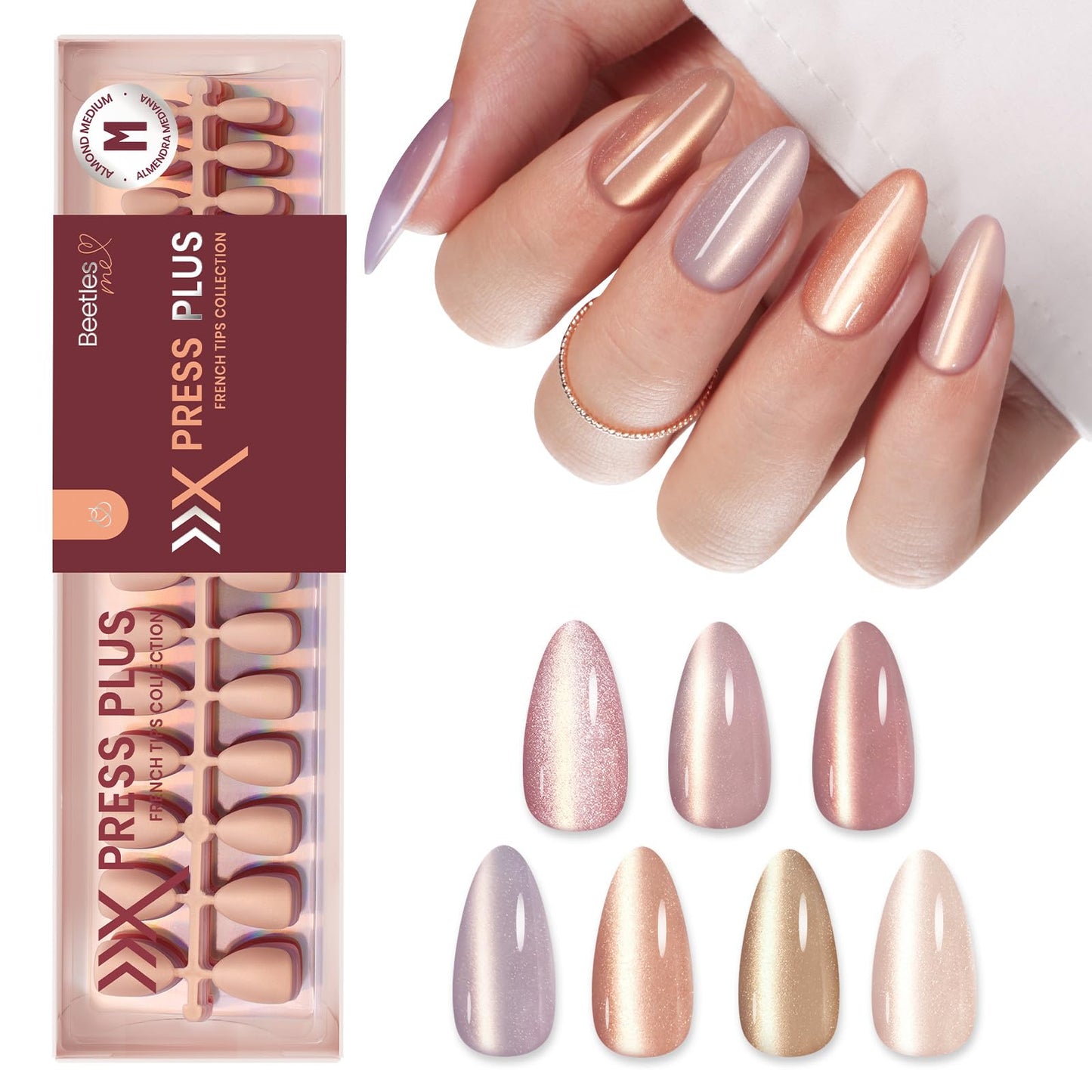 Beetles Cat Eye Nails - 7 Colors Nude Medium Almond Press On Nails | 16 Sizes 224 Pcs Natural Salon Quality Glitter Chasing Light Cateye Nails For Women