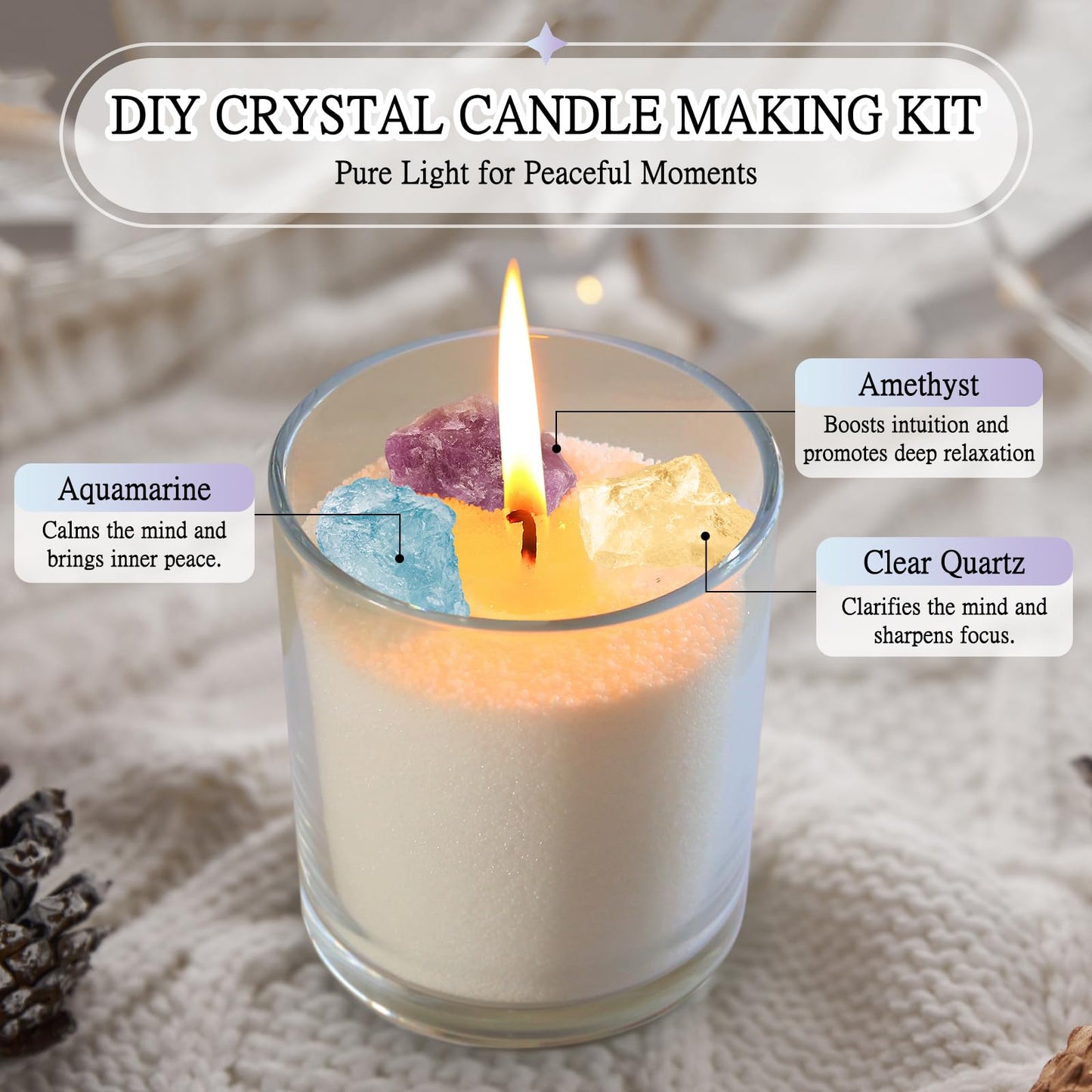 BRELANO Crystal Candle Making Kit – No-Melt Candle Sand, 18 oz Pearled Wax, 30 Cotton Wicks, 3 Natural Crystals & Refillable Glass Jar – DIY Candle Gift Set for Women & Home Decor,mom Gift