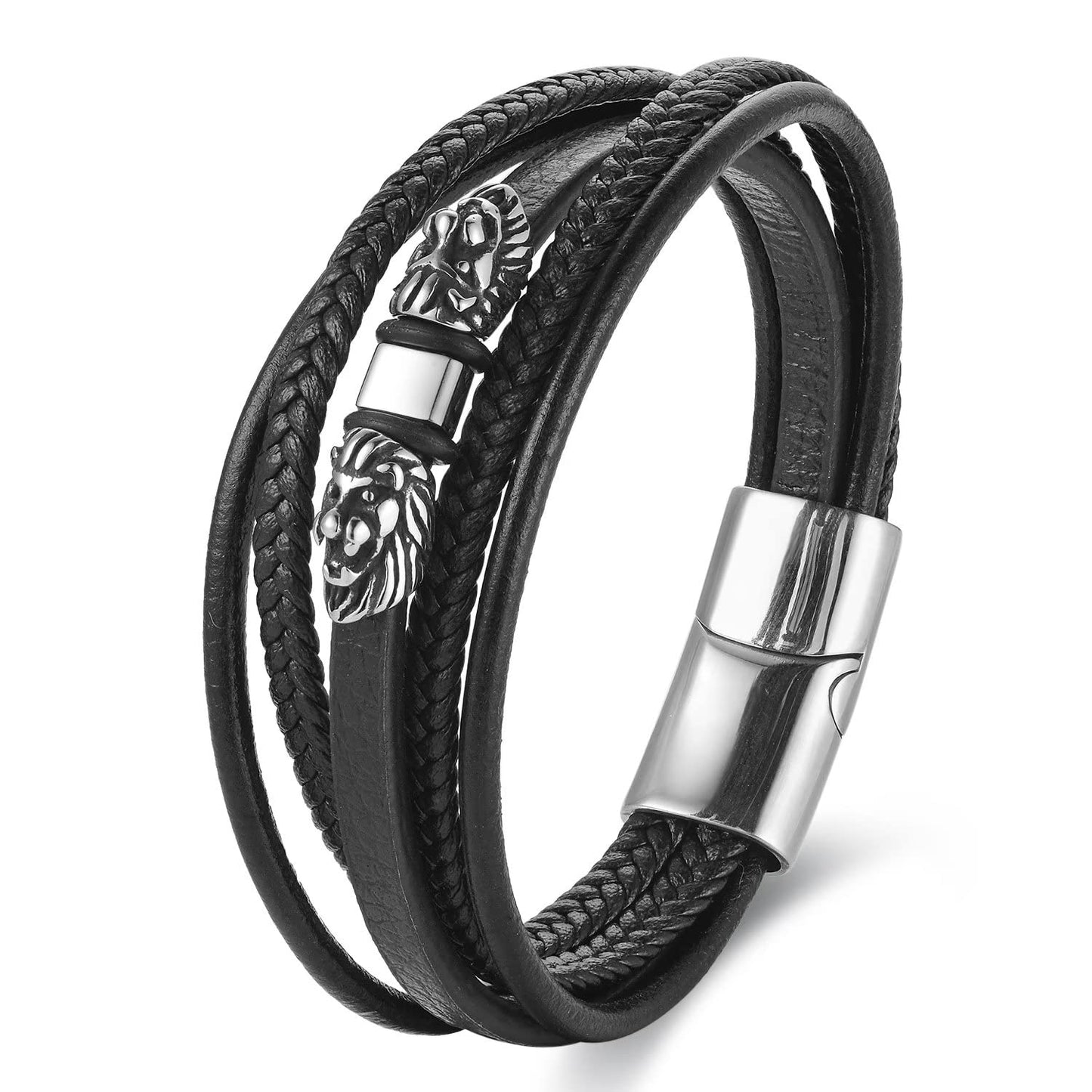 BIYONGDE Mens Stainless Steel Vintage Double Lion Heads Multi-strand Black Leather Bangle Bracelet, Minimalist Classic