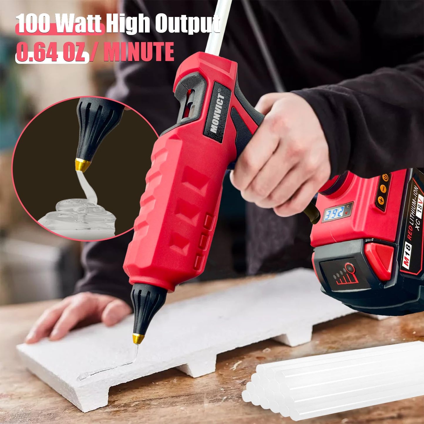 MONVICT 100W Cordless Glue Gun for Milwaukee 18V Battery, Upgraded Digital Temperature Adjustable Handheld Electric Power Full Size Heavy Duty Hot Glue Gun with 10 Glue Sticks (Tools only)