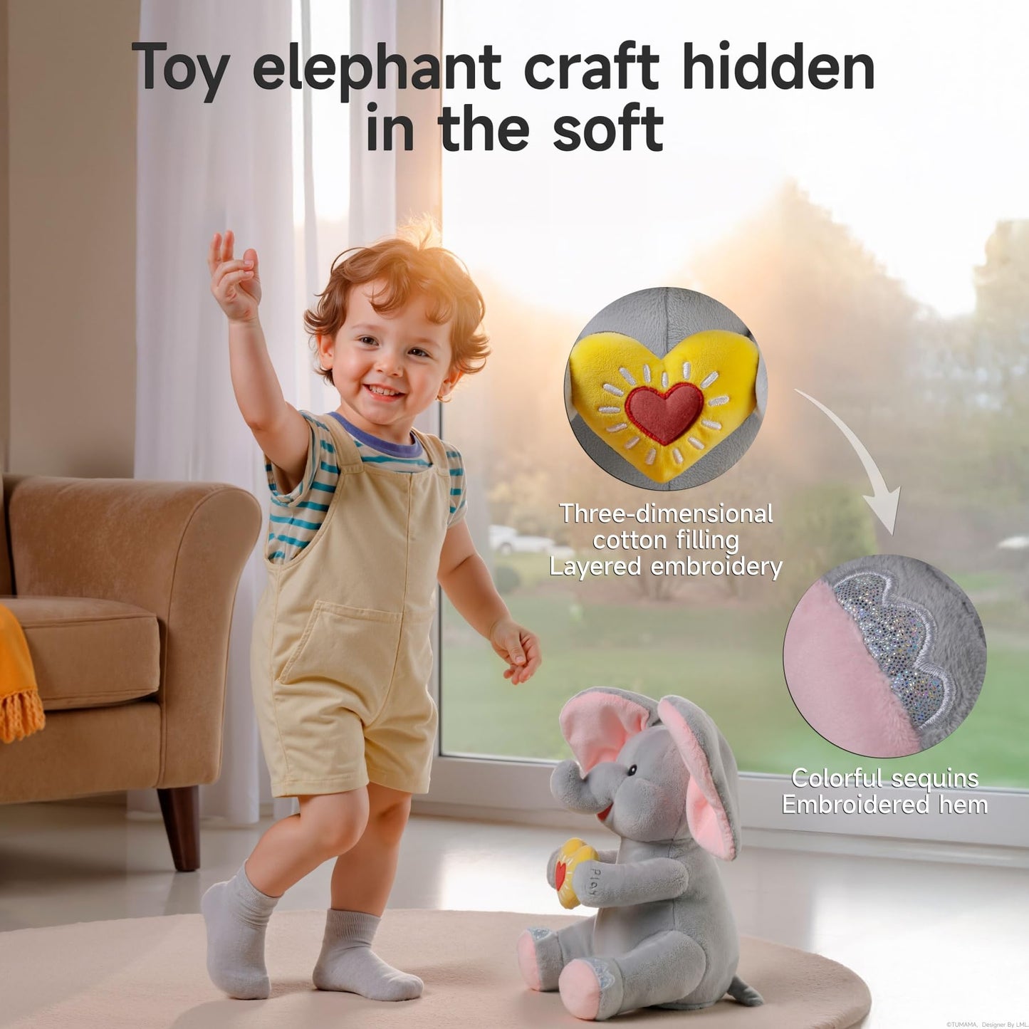 eJog Pup Peek a Boo Elephant Toy, Interactive Singing Plush Elephant Toy with Flapping Ears and Hearts, Musical Stuffed Animal for Babies and Toddlers