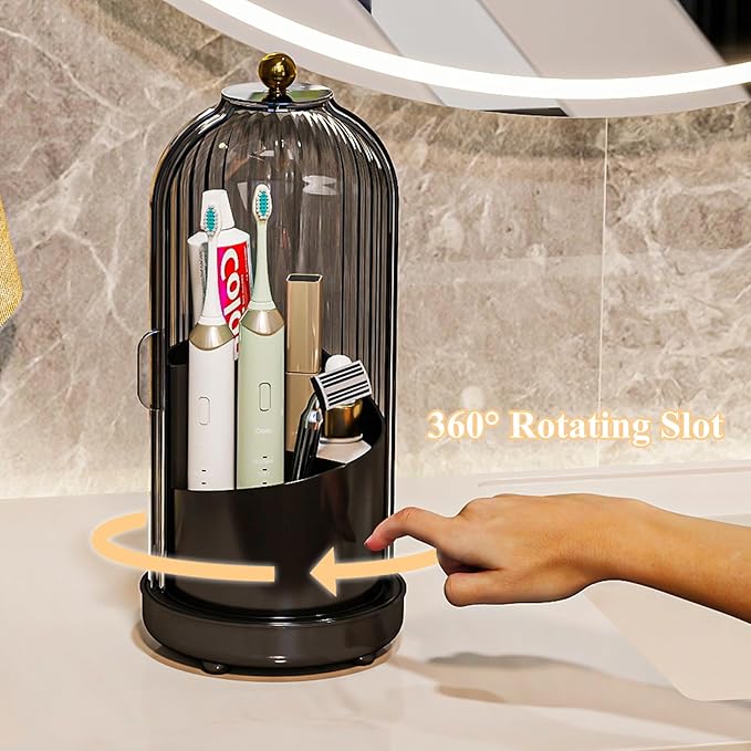 Toothbrush Holders with Cover, Drainage Rotating Electric Toothbrush Organizer, 3 Slots Tooth Brush Holder for Bathroom Counter, Gray Black
