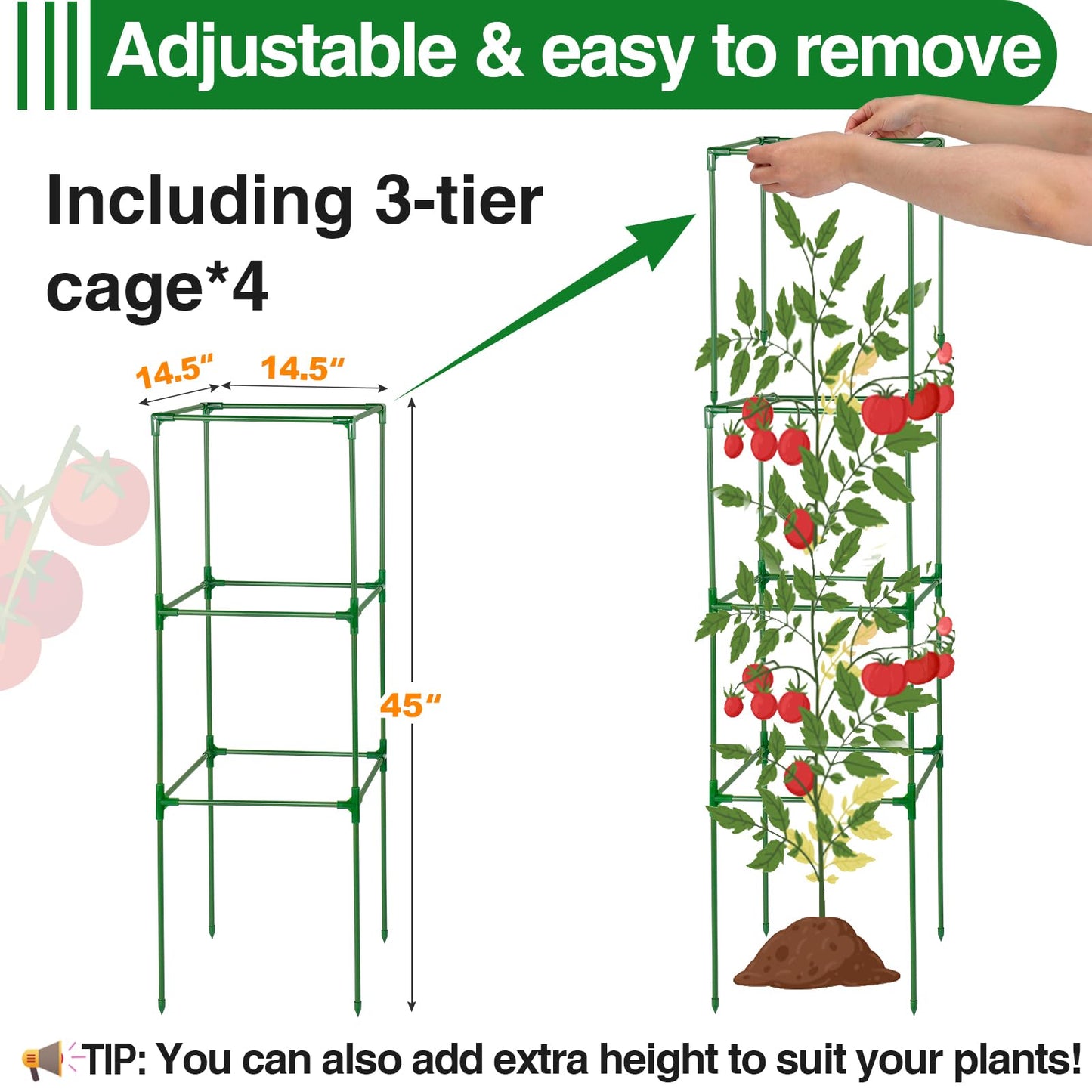 45x14.5x14.5in Square Tomato Cage for Garden - 4 Pack Adjustable Rust-Resistant Tomato Metal Trellis for Pots/Raised Beds/Outdoor, Fits Heavy Plants as Cucumber/Pepper/Eggplant/Pea, Easy to Assemble