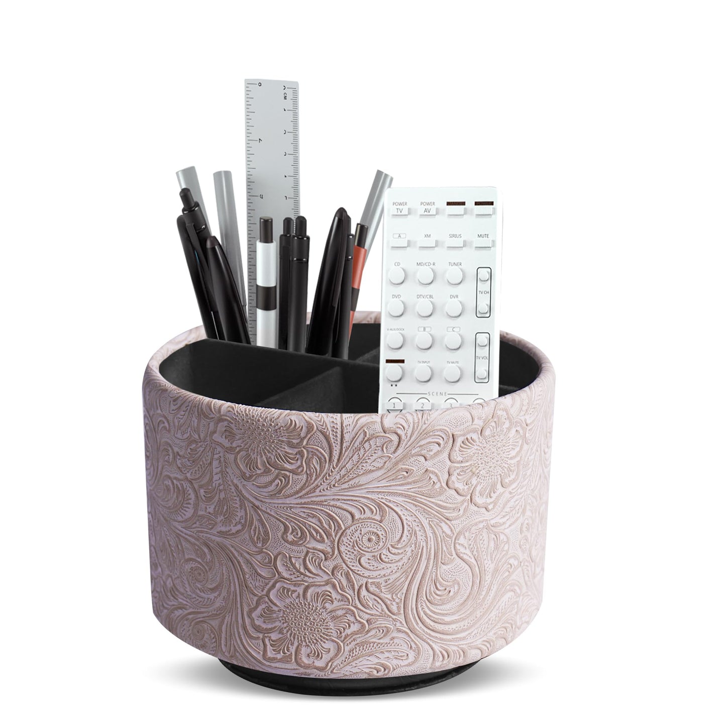 lizimandu Round Leather Art Supply Organizer,Remote Control Holder,360 Degree Spinning,Multi-Functional Pencil Holder,4 Compartments Desktop Stationary Organizer(1-Carved White)