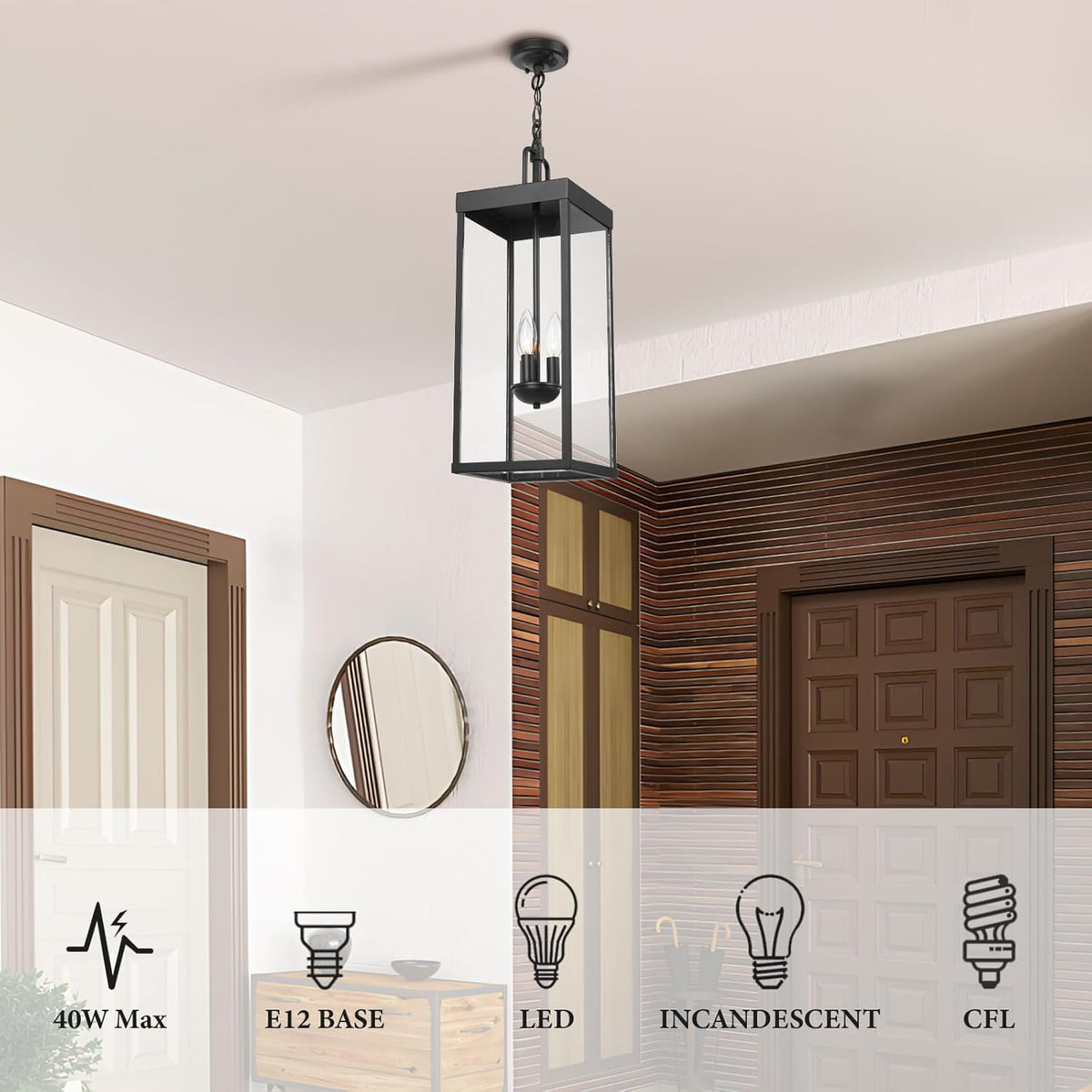 Large Outdoor Pendant Lantern Light Fixture for Front Porch, 24 Inch 3-Light Black Exterior Hanging Chandelier with Clear Glass, Outdoor Indoor Pendant Lamp for Patio, Gazebo, Entryway, Doorway