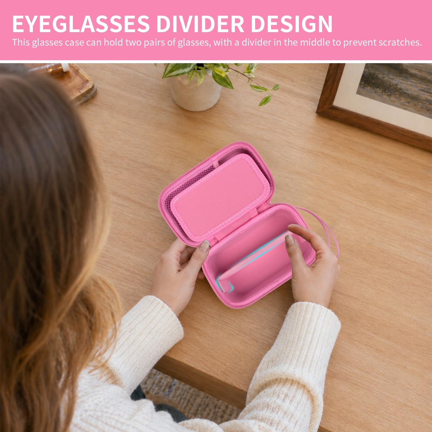 GWCASE Travel Glasses Organizer & Contact Lens Case - Adjustable Slots, Built-in Mirror, Tweezers, Solution Bottle & Hand Strap, Universal Fits Eyelasses/Sunglasses for Men & Women – Pink