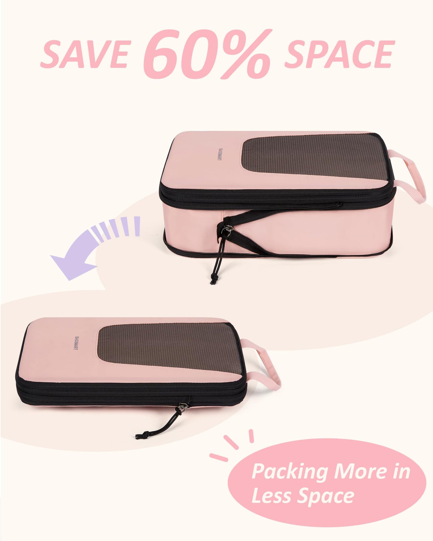 BAGSMART Compression Packing Cubes for Travel, 6/5/4set Lightweight Packing Organizers, Summer Travel Essentials Suitcase Organizer Bags Set, Compressible 4 Set/Black