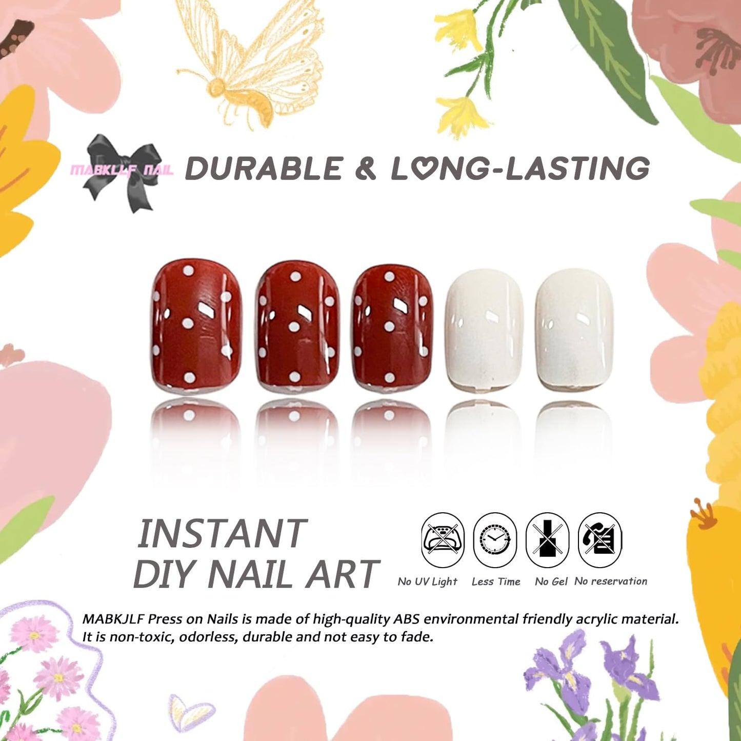 Press on Nails Short Square MABKJLF Fake Nails False Nails with White Polka Dots Designs Glossy Glue on Nail Reusable Full Cover Acrylic Nails for Women Girls 24Pcs