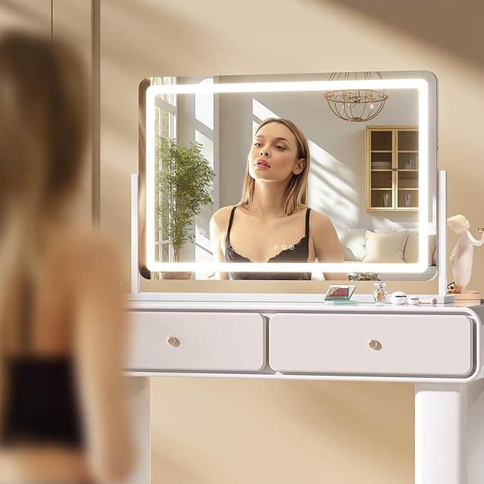 Hasipu Vanity Mirror with Lights, 35.4" x 23.6" LED Makeup Mirror, Light up Mirror with 10X Magnification and Phone Holder, USB Charging Port, Smart Touch 3 Colors Dimmable (White)