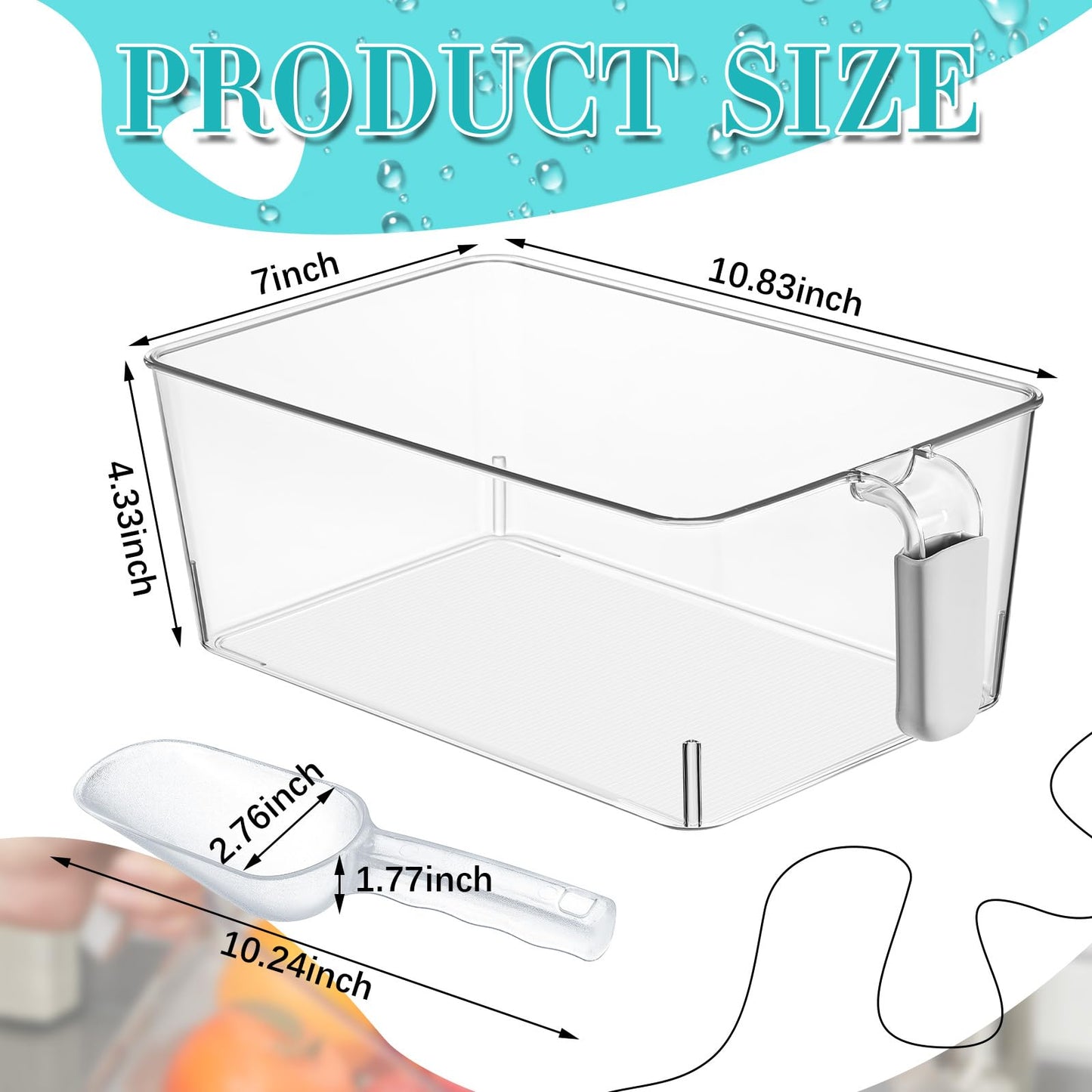 Havawish 1 Set Ice Bin and Flexible Scoop Set Plastic Freezer Ice Bin with Pull out Handle Storage Bucket Clear for Container with Bucket Scoop (10.83 x 7 x 4.33 in,Grey)