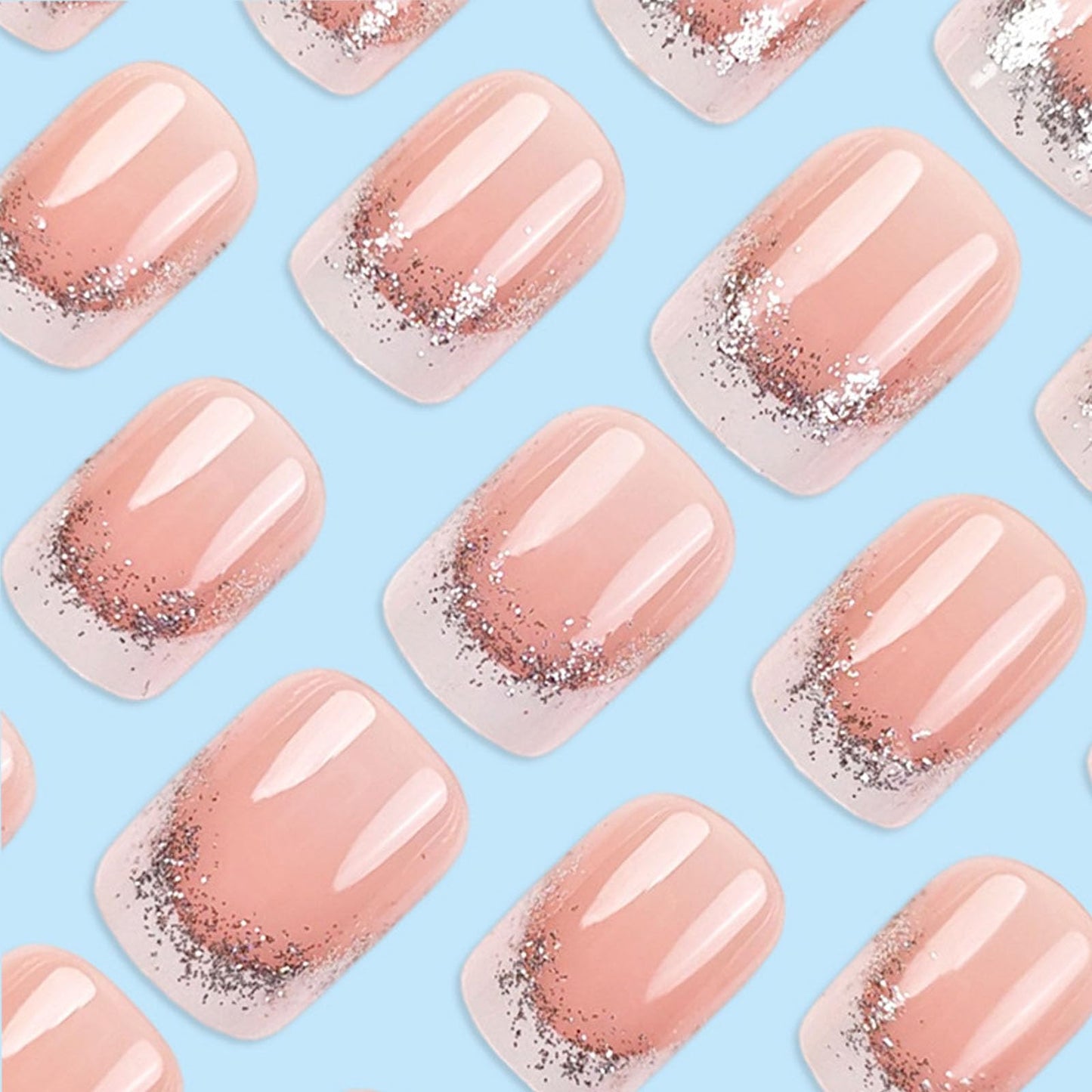 French Tip Press on Nails Short Square Fake Nails with Glitter Designs Nails Press ons Nude White Glue on Nails Glossy Artificial Nails Natural Acrylic Nails Simple Stick on Nails for Women 24Pcs