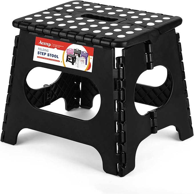 ACSTEP Folding Step Stool for Adults-11 Height Lightweight Plastic Stepping Stool Foldable Step Stool Hold up to 300lbs Non Slip Collapsible Stool for Kictchen, Bathroom, Black