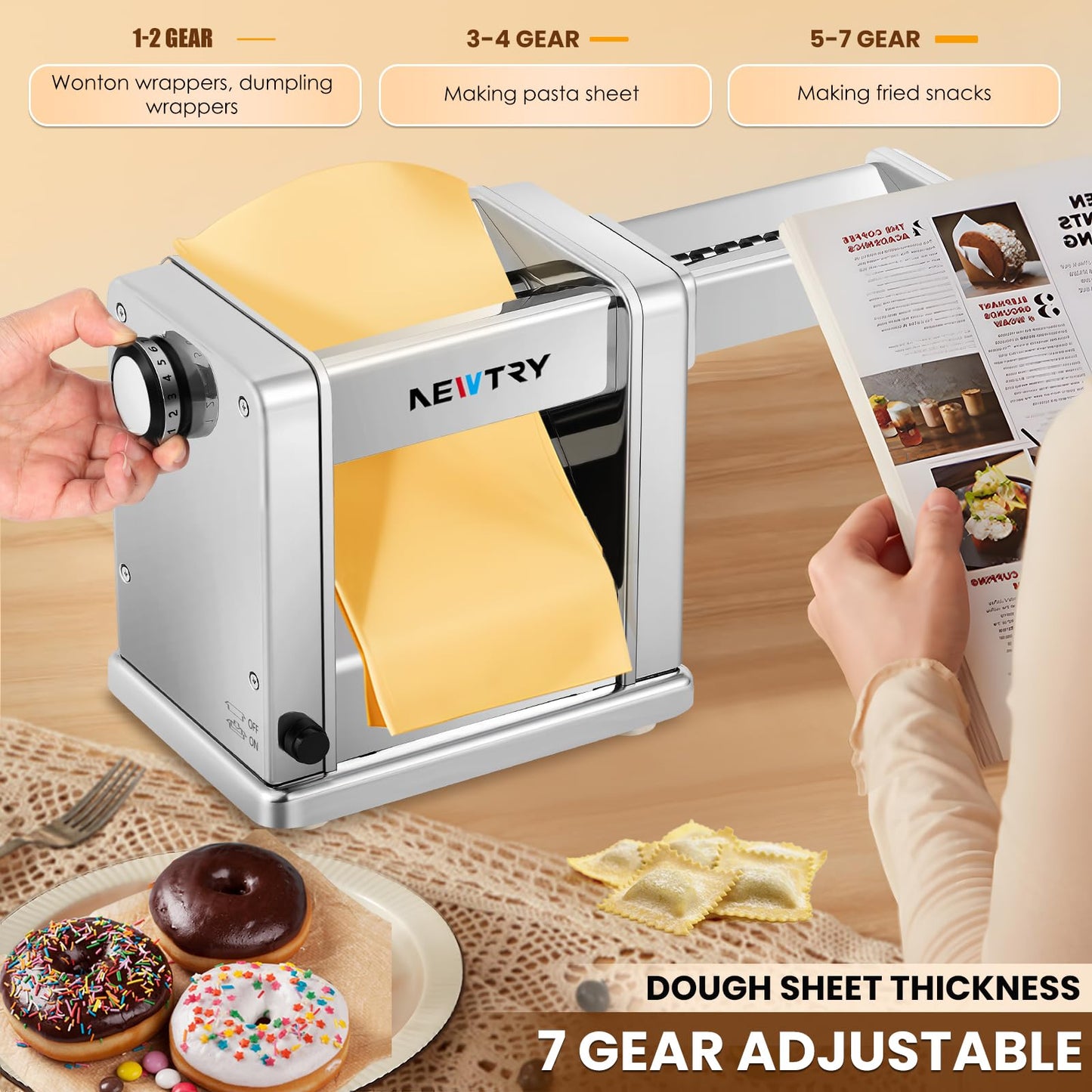 NEWTRY Electric Pasta Maker Family Noodle Making Machine Dough Roller Press Cutter with 3 Blade Attachments 2mm/4mm/6.5mm Pasta for Home Use US 110V