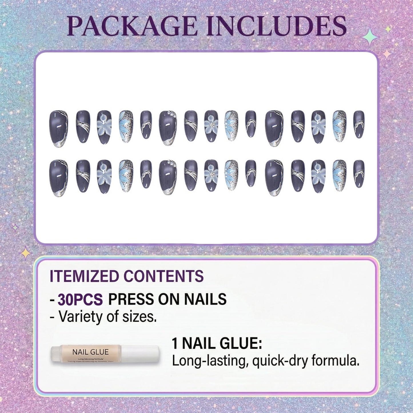 IMRAIN Almond Press on Nails, Medium Fake Nails, Purple Cat Eye 3D Sculpted Flower Pearl, 30 Pcs Reusable Glue on Nails for Women, Salon Quality