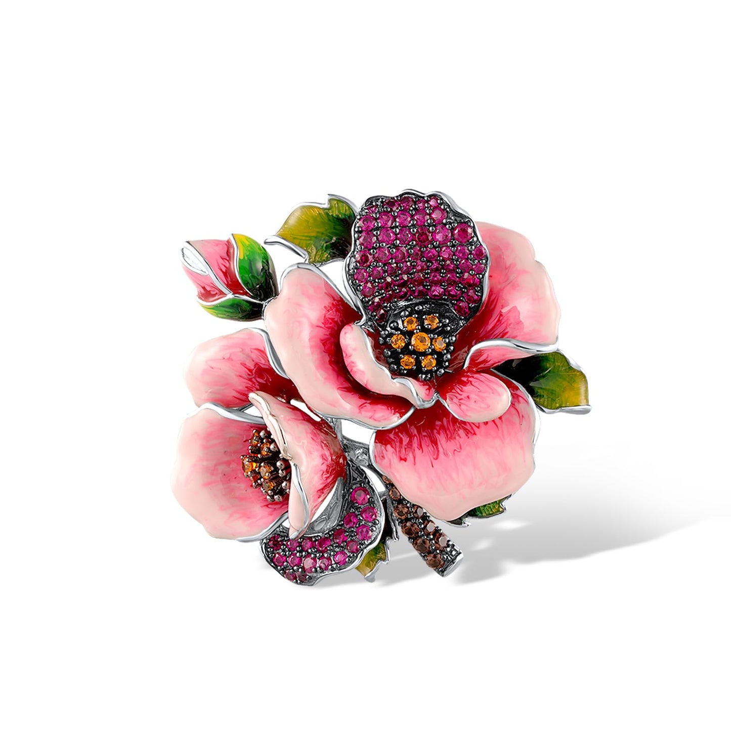 Santuzza Rose Brooch 925 Sterling Silver Created Ruby Nano Brown Spinel Enamel Pink Flower Brooch Pin for Women
