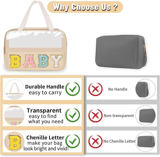 Preppy Clear Baby Makeup Bags with Chenille Letter Patches, Travel Essentials Large Clear Make up Bag Zipper Pouch with Handle, Waterproof Nylon Cosmetic Toiletry Storage Tote for Women (BABY-Beige)