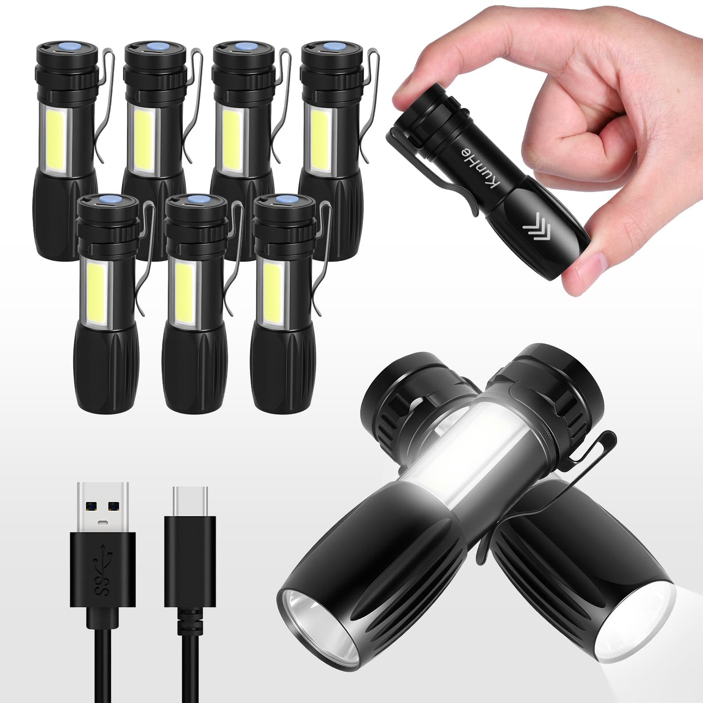KunHe 10 Pack Small Rechargeable Flashlight Mini LED Flashlight Bright Clip-On Light EDC Flash Light with Side COB Light for Camping Home Emergency