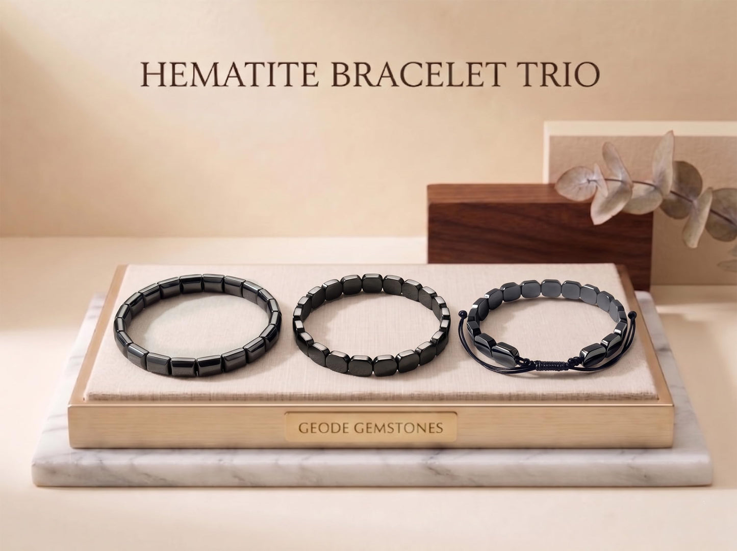 Jingming keji Mens Real Hematite Bracelet 7.8 inch - Natural Stone Square Beaded Black Jewelry with Strong Double Elastic Cord Wellness Power Bracelet with Gift Box