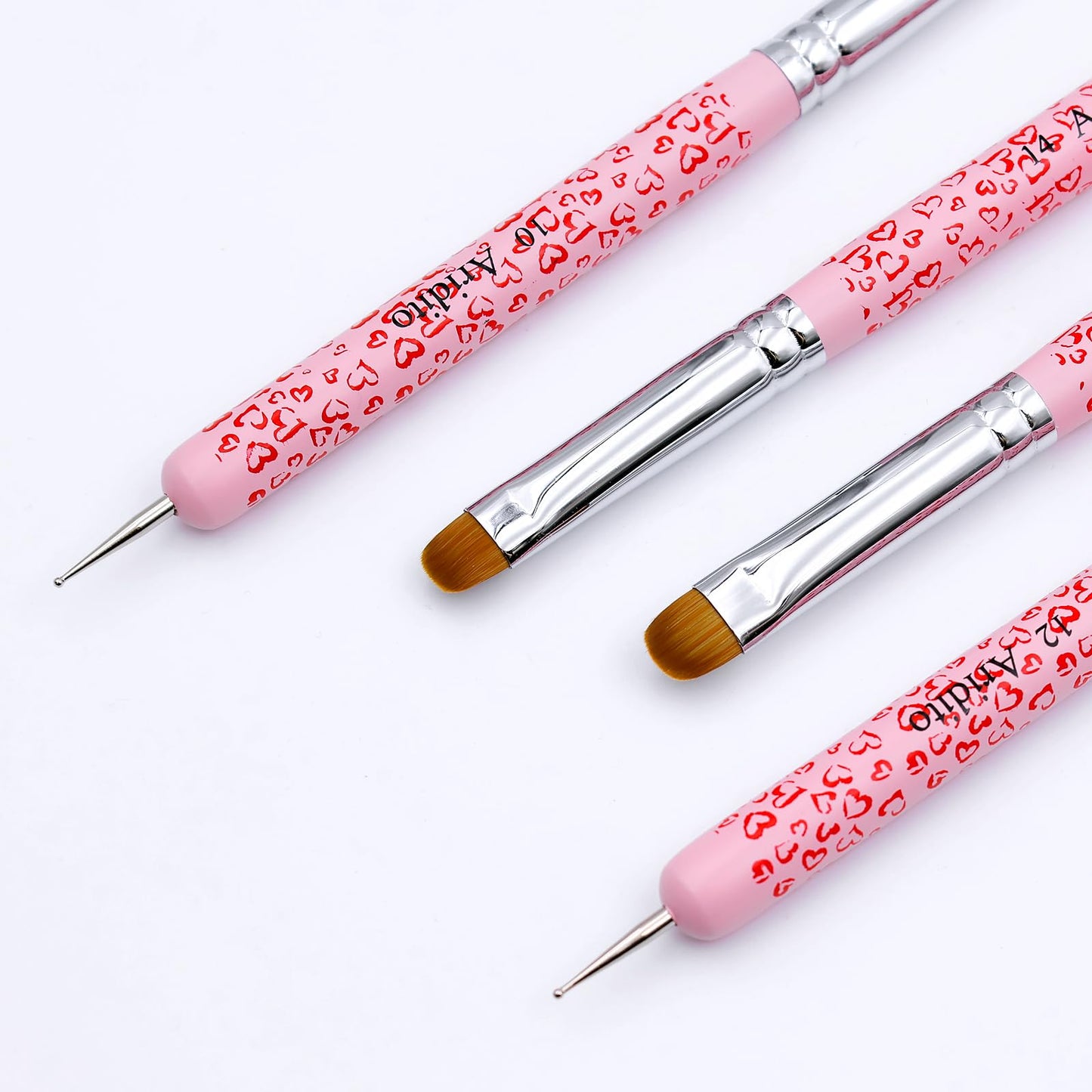 Aridito 4Pcs Professional Acrylic French Manicure Clean-Up Brushes & Dotting Pens - Pink Heart Handles, Precision Tips (#10#12#14#16) for Nail Art, Cuticle Care (pink)