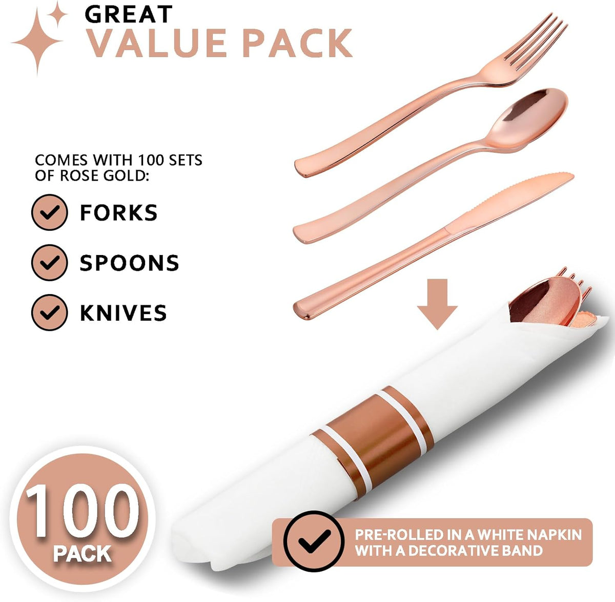 400PCS Pre Rolled Rose Gold Plastic Silverware Sets - Heavy Duty Rose Gold Cutlery - Include 100 Pack Wrapped Disposable Utensils with Napkins for Parties & Dinners & Weddings