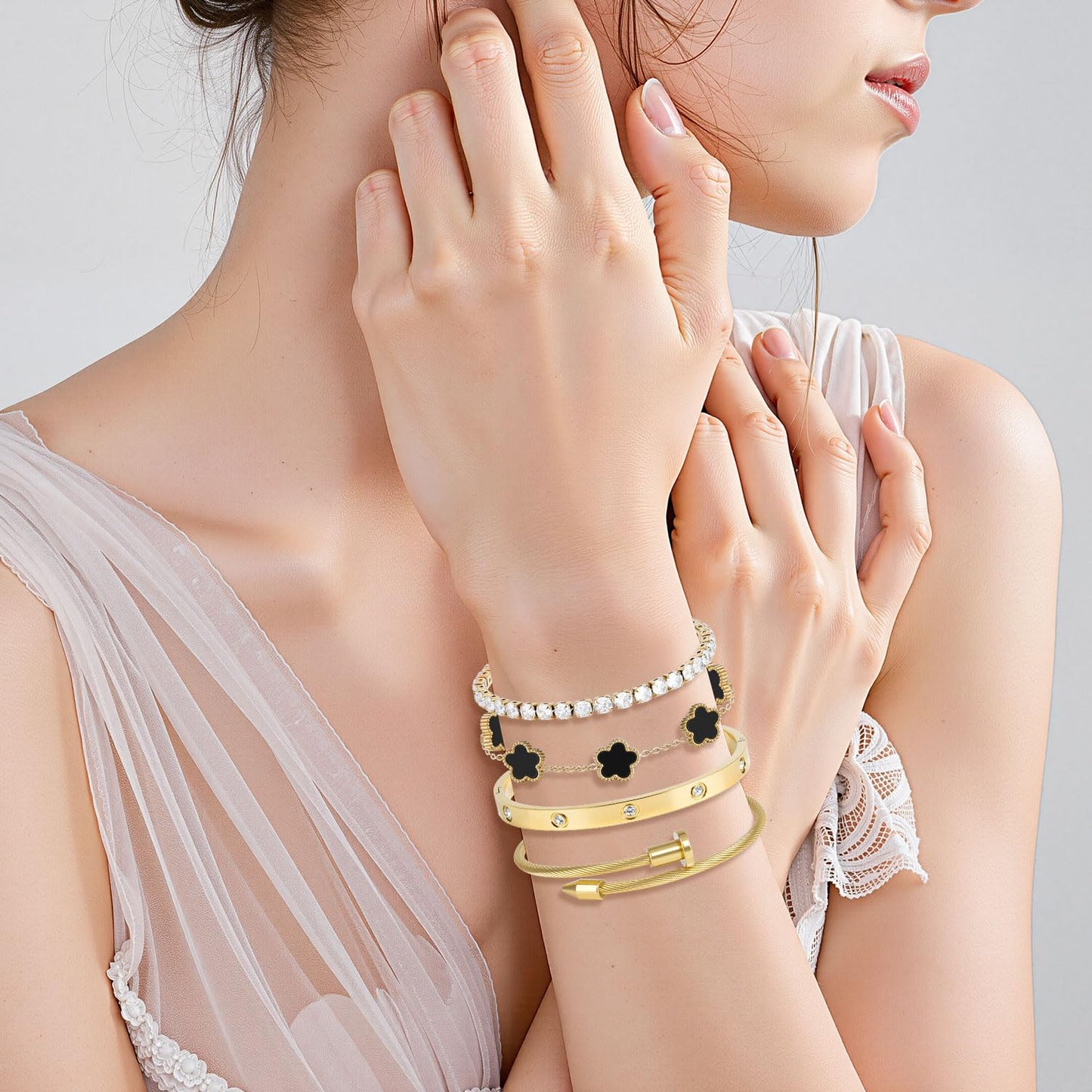 18K Black Gold Plated Clover Bracelet Bangle Set, 4pcs Stackable Four Leaf Gold Bracelet Set for Wife Mom Girlfriend
