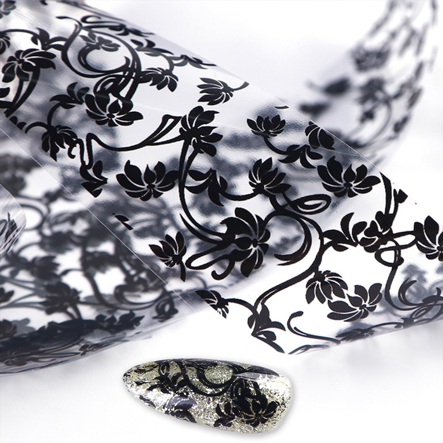 JERCLITY 20 Rolls Nail Foil Transfer Sticker Kit 10 Black White Lace Flower Nail Foil Sheets 10 Holographic Laser Snowflake Transfer Nail Art Decals Wraps