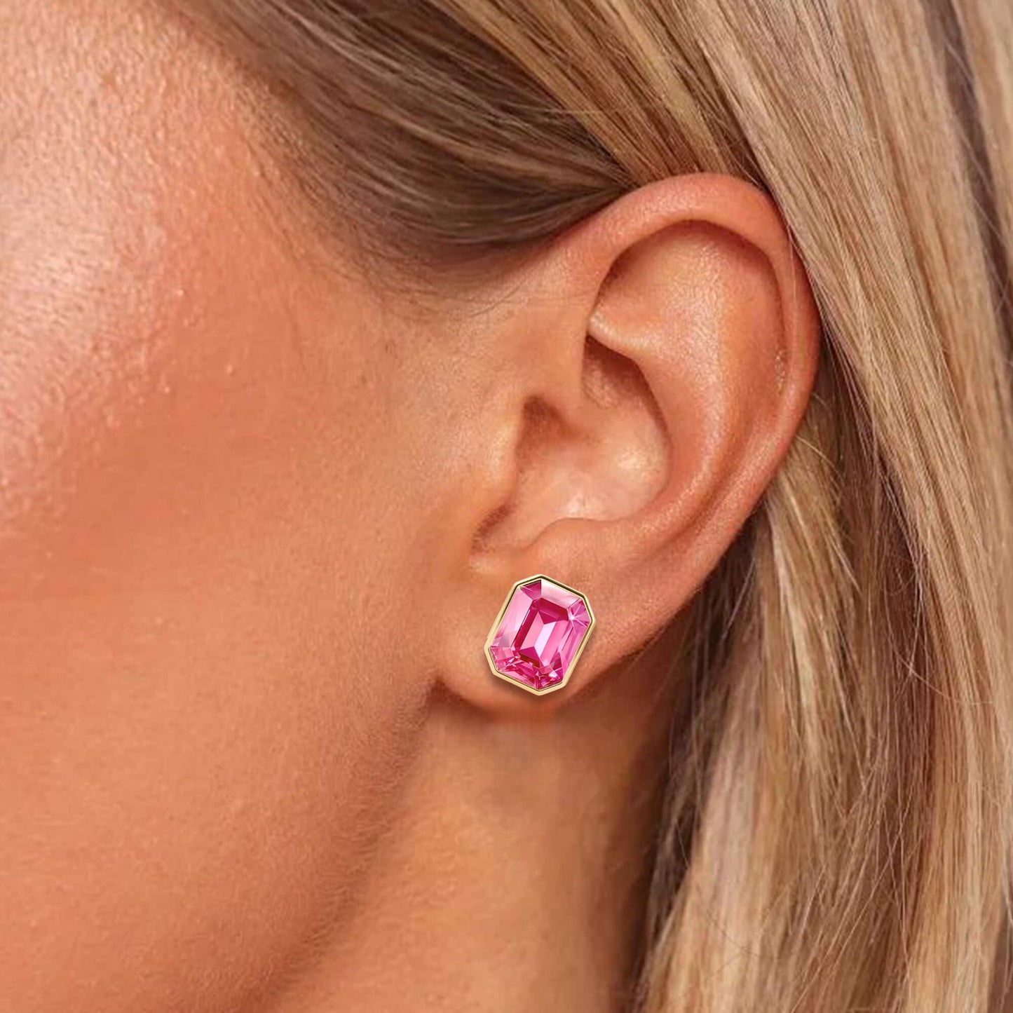 Austrian Crystal Octagon Stud Earrings for Women Fashion 925 Sterling Silver Post Hypoallergenic Jewelry (Pink)