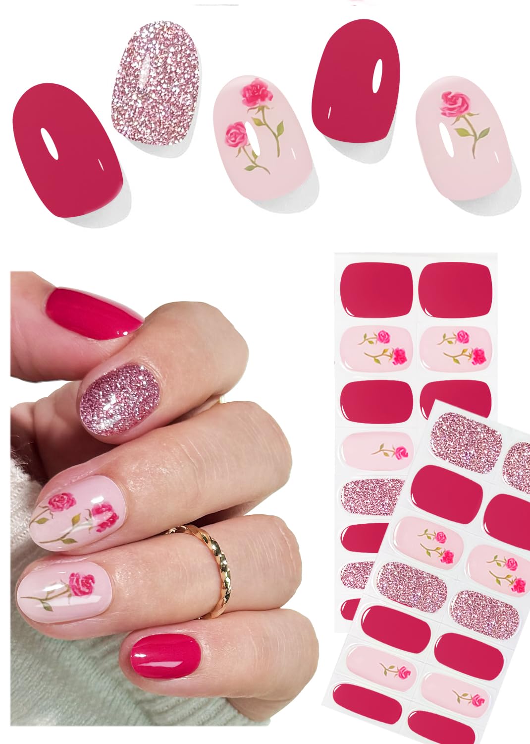 Semi Cured Gel Nail Strips, No LED Lamp Needed, Red Glitter Rose Gel Nail Stickers, Wraps for Home Manicure DIY