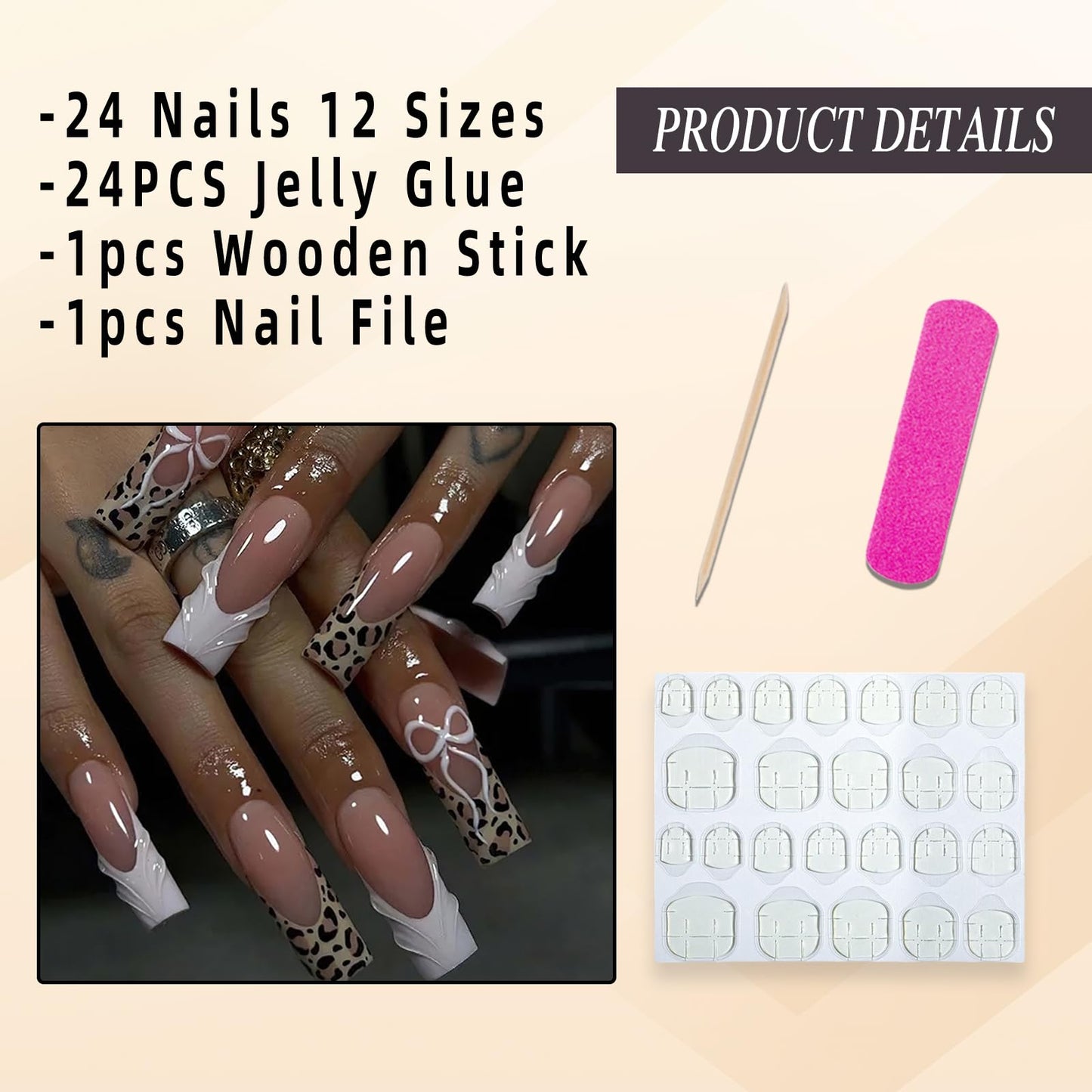 Jremg Leopard Print French Tip Press on Nails Long Square Fake Nails with Designs Glossy 3D White French Coffin False Nails Cute White Bow Glue on Nails Reusable Acrylic Stick on Nails for Women 24Pcs